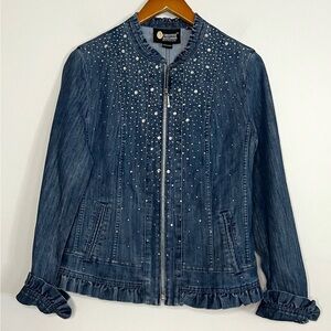 Christine Alexander Rhinestone Jeweled Full Zip Ruffled Jean Jacket Sz S